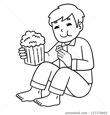 Sleepover Boy Eating Popcorn Isolated Coloring  127178663