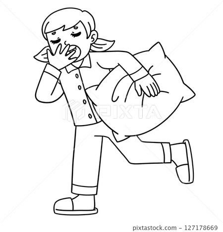 Sleepover Girl Carrying a Pillow Isolated Coloring 127178669