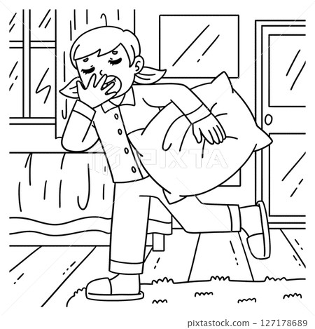 Sleepover Girl Carrying Pillow Coloring Page  127178689