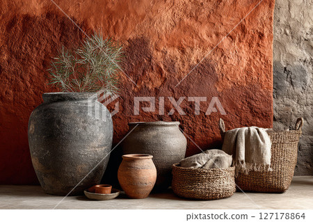 Clay pots and woven baskets against terracotta textured wall 127178864