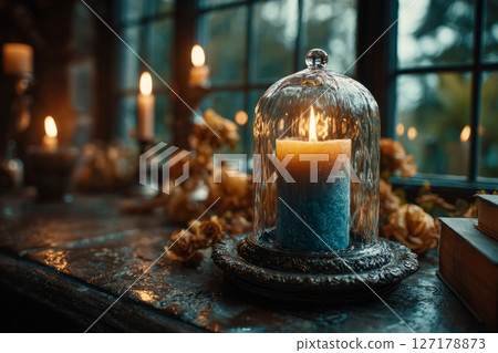 Burning candle under glass dome on rustic wooden table 127178873