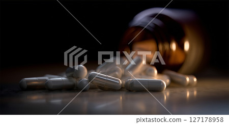 Capsules in the dark representing overdose and medical neglect 127178958
