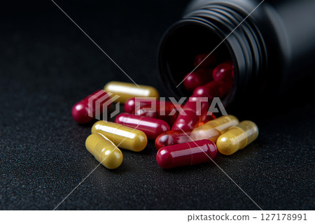Close up of capsules lined on surface representing strict medical regimens. Medical concept 127178991