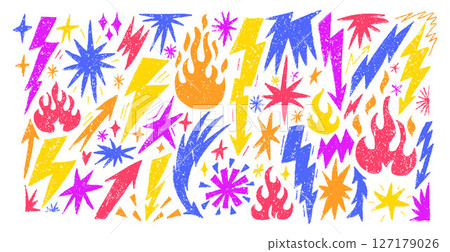 Colorful Crayon Lightning, Fire, and Stars Vector Illustration in Graphic Style Colorful Crayon Lightning, Fire, and Stars Vector Illustration in Graphic Style 127179026