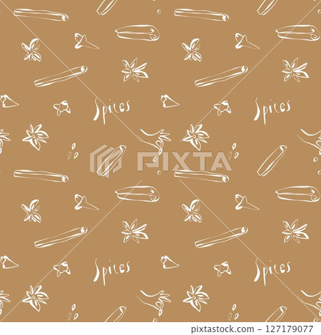 Seamless pattern with white hand drawn spice elements and lettering on cinnamon brown background for packaging and kitchen design 127179077