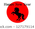 New Year's card with the Japanese flag and a horse 127179114