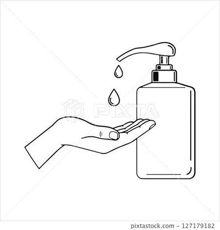 Hand Hygiene with Sanitizer Dispenser. Line Art. Hand Hygiene with Sanitizer Dispenser. Line Art. 127179182