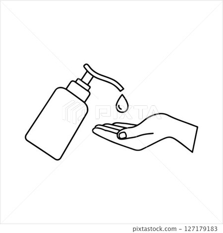 Hand Hygiene with Sanitizer Dispenser. Line Art. Hand Hygiene with Sanitizer Dispenser. Line Art. 127179183