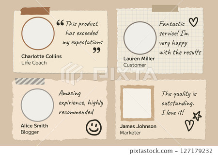 Cartoon review template set with hand drawn paper notes and testimonial frames flat vector illustration Cartoon review template set with hand drawn paper notes and testimonial frames flat vector illustration 127179232