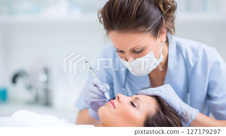 Professional consultation for facial marking is taking place, showcasing skilled practitioner applying precise techniques to enhance beauty 127179297