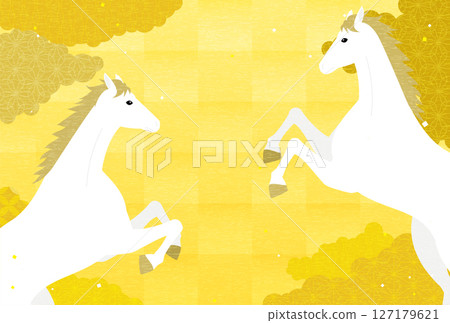2026年馬年新年賀卡，兩匹白馬和日式雲海的新年賀卡材料 127179621