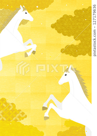 2026年馬年新年賀卡，兩匹白馬和日式雲海的新年賀卡材料 127179636