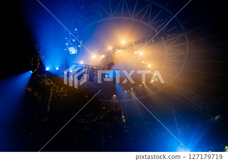 Light equipment under the stage on night concert, music festival, show fest. 127179719