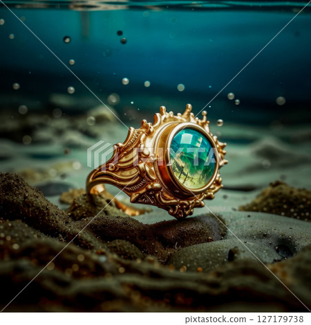 A gold finger ring with a faceted green stone lies on the bottom. Under the water, on the bottom, lies a lost gold finger ring, illuminated by sunlight through the thickness of the water. 127179738