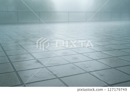 Morning rain background illustration of a tile terrace wet with rain 127179749