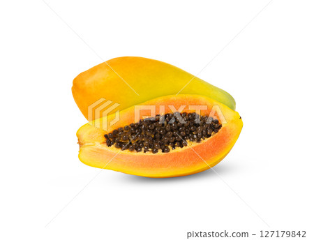 Ripe papaya fruit and half with seeds isolated with clipping path Ripe papaya fruit and half with seeds isolated with clipping path 127179842
