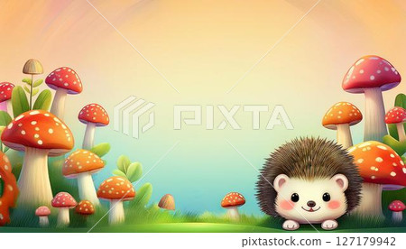 Cute hedgehog with mushrooms 127179942