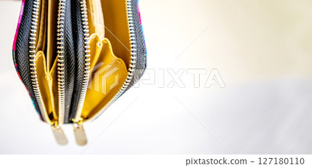 Fashionable outdoor women's empty purse, on a white background, copy space to the right Fashionable outdoor women's empty purse, on a white background, copy space to the right 127180110