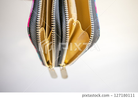 Fashionable outdoor women's empty wallet with gold zippers, top view, on white background 127180111