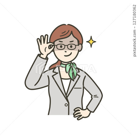 A young female receptionist pushing up her glasses and grinning slyly 127180362