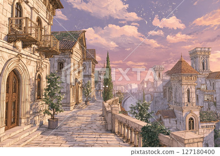 A fantastical city and sunset view from a high vantage point 127180400