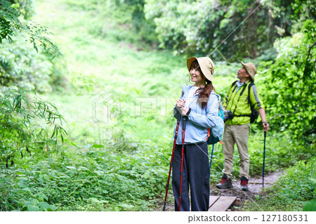 Hiking, trekking, senior, walking, mountain climbing Hiking, trekking, senior, walking, mountain climbing 127180531