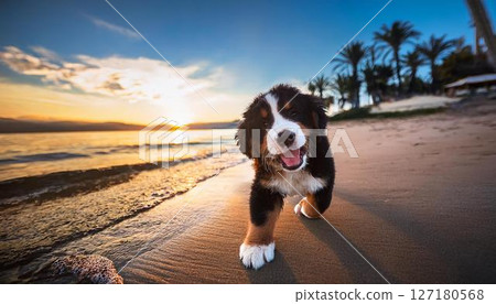 伯恩山犬幼犬在沙灘上玩耍，背景是日落 127180568