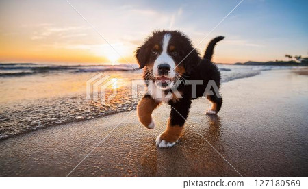 伯恩山犬幼犬在沙灘上玩耍，背景是日落 127180569