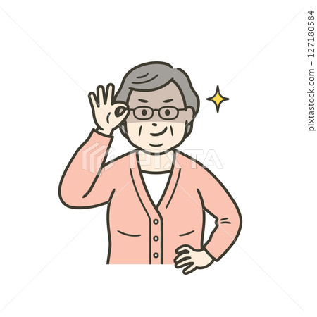 A fat elderly woman pushing up her glasses and grinning slyly 127180584
