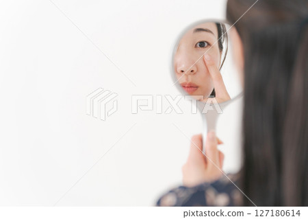 Female face parts reflected in the mirror Female face parts reflected in the mirror 127180614