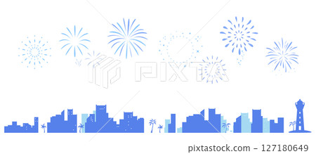 Frame illustration of a seaside townscape and silhouette of fireworks Background illustration Cityscape 127180649