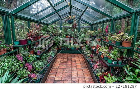 Lush Greenhouse Interior with Potted Plants and Brick Pathway Un 127181287
