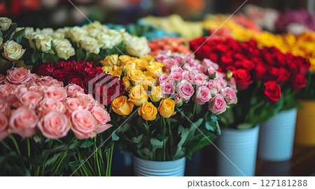Vibrant Rainbow Rose Bouquet Display in Pastel Buckets 127181288