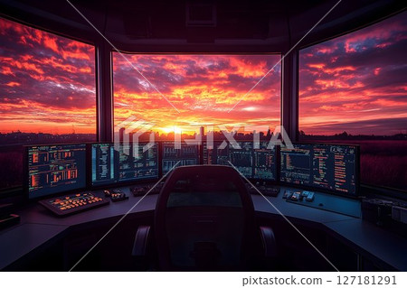 Futuristic Control Room Overlooking a Fiery Sunset Cityscape wit 127181291