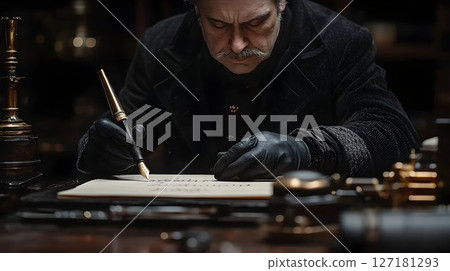 Victorian Gentleman in Black Coat Writes with Antique Pen 127181293
