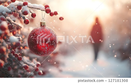 Red Christmas Ornament on Snowy Branch with Blurred Figure in Wi 127181308