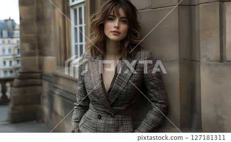 Elegant Woman Leaning Against Stone Wall in Plaid Blazer, Portra Elegant Woman Leaning Against Stone Wall in Plaid Blazer, Portra 127181311