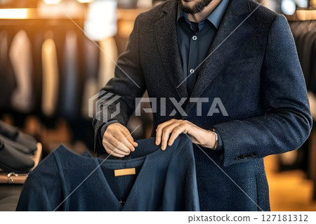 Stylish Man Inspecting a Dark Blue Jacket in a Boutique, Close-U 127181312
