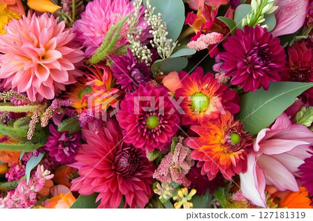 Vibrant Dahlia Bouquet Bursting with Color and Texture, a Floral Vibrant Dahlia Bouquet Bursting with Color and Texture, a Floral 127181319