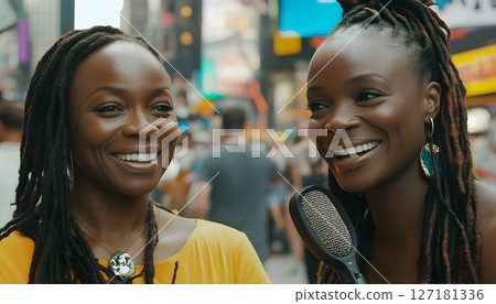 Two Smiling Women with Dreadlocks Sing into a Microphone in a Bu 127181336
