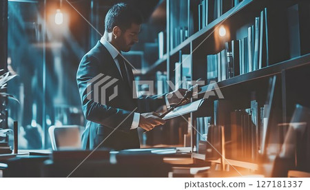 Lawyer in Suit Examines Documents with Magnifying Glass in a Dar 127181337