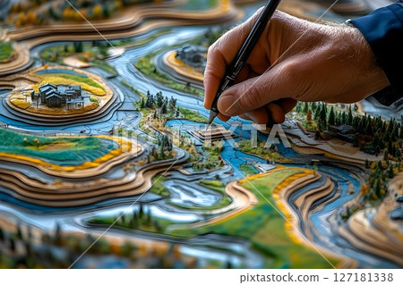 Hand detailing a layered topographic model of a river landscape 127181338