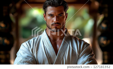 Intense gaze of a martial artist in a traditional white uniform 127181352