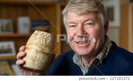 Elderly Man Smiling, Proudly Displaying Antique Cracked Wooden V 127181372