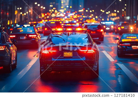 Police Car in Traffic with Blurry City Lights and Reflections at 127181410