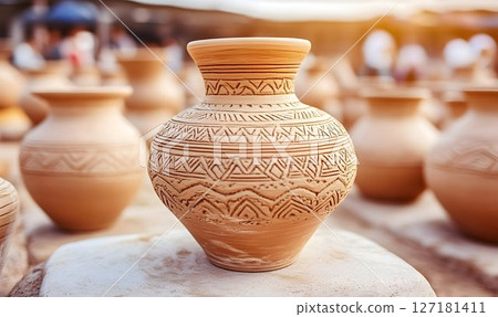 Handcrafted clay vase with geometric patterns displayed in a pot Handcrafted clay vase with geometric patterns displayed in a pot 127181411