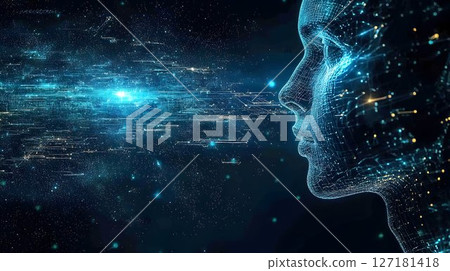 Digital Human Profile Gazing at a Network of Light and Data 127181418