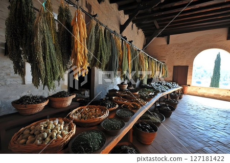 Rustic Herb and Vegetable Market Display in Ancient Building 127181422