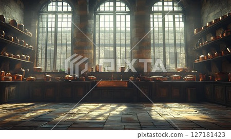 Sunlit Medieval Kitchen with Copper Pots and Stone Arches Sunlit Medieval Kitchen with Copper Pots and Stone Arches 127181423