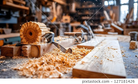 Woodworking Studio: Close-up of Hand Plane Shaping Wood 127181426